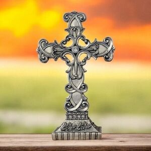 All For Giving Ornate Antiqued Silvertone Resin Decorative Cross. Scroll.